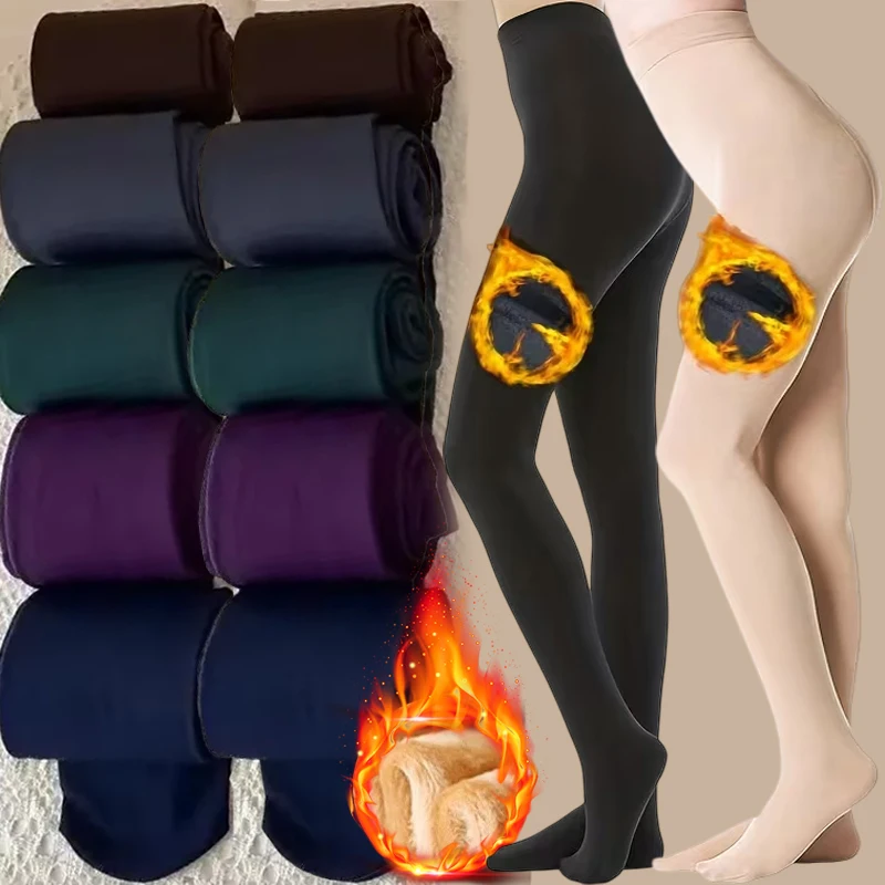 

Women Winter Solid Color Leggings Warm High Waist Tights Velvet Sock Thickened Velvet Leggings Slim Skin Black Stockings