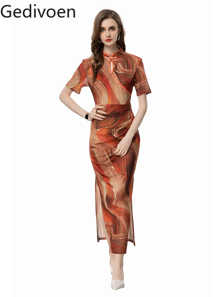 

Gedivoen Summer Fashion Runway New Designer Stand Collar Printing Striped Office Lady Style Elegant Empire Pencil Dress