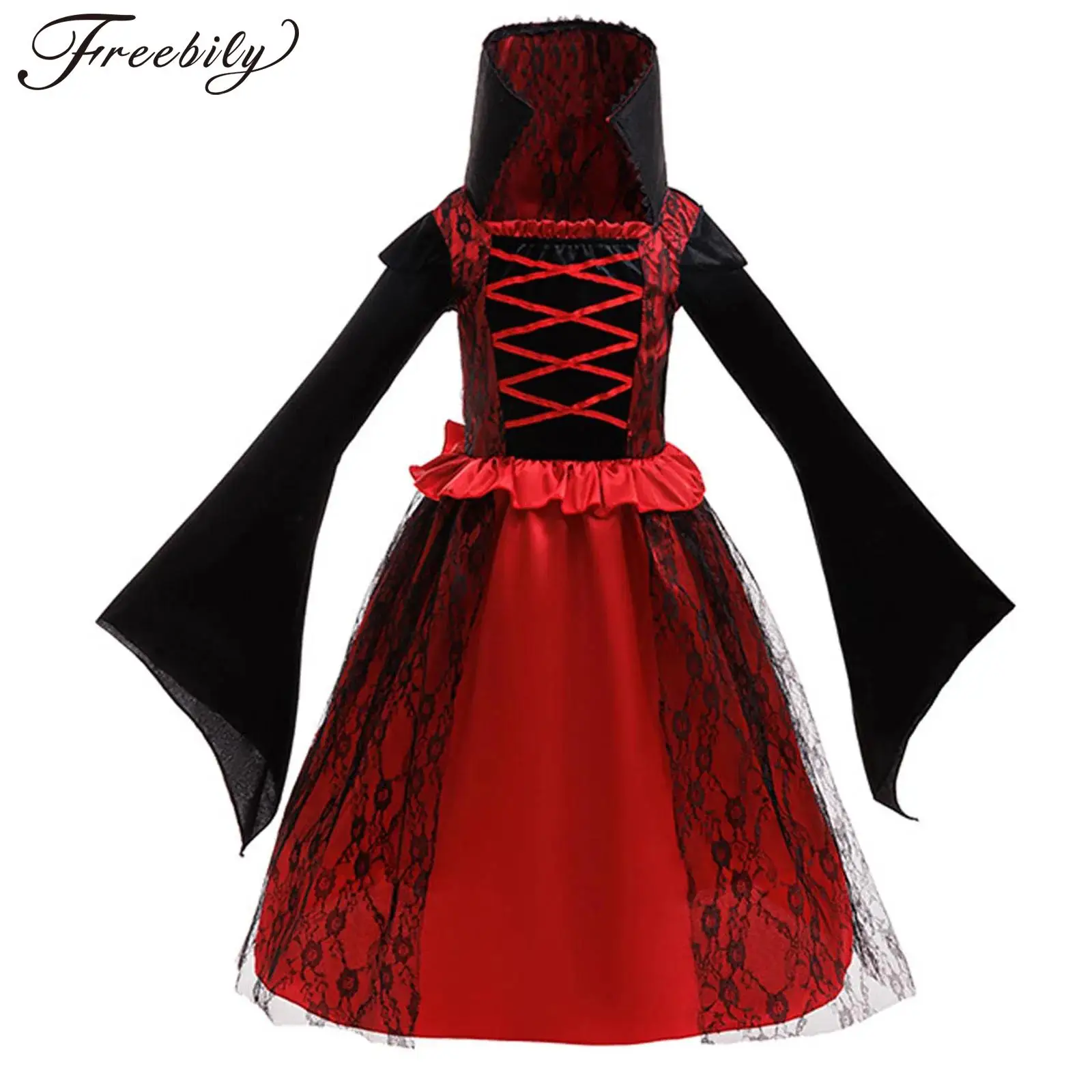 

Kids Girls Halloween Scary Vampire Cosplay Costume Long Sleeve Stand Up Collar Ruffled Floral Lace Gothic Dress Spooky Clothes