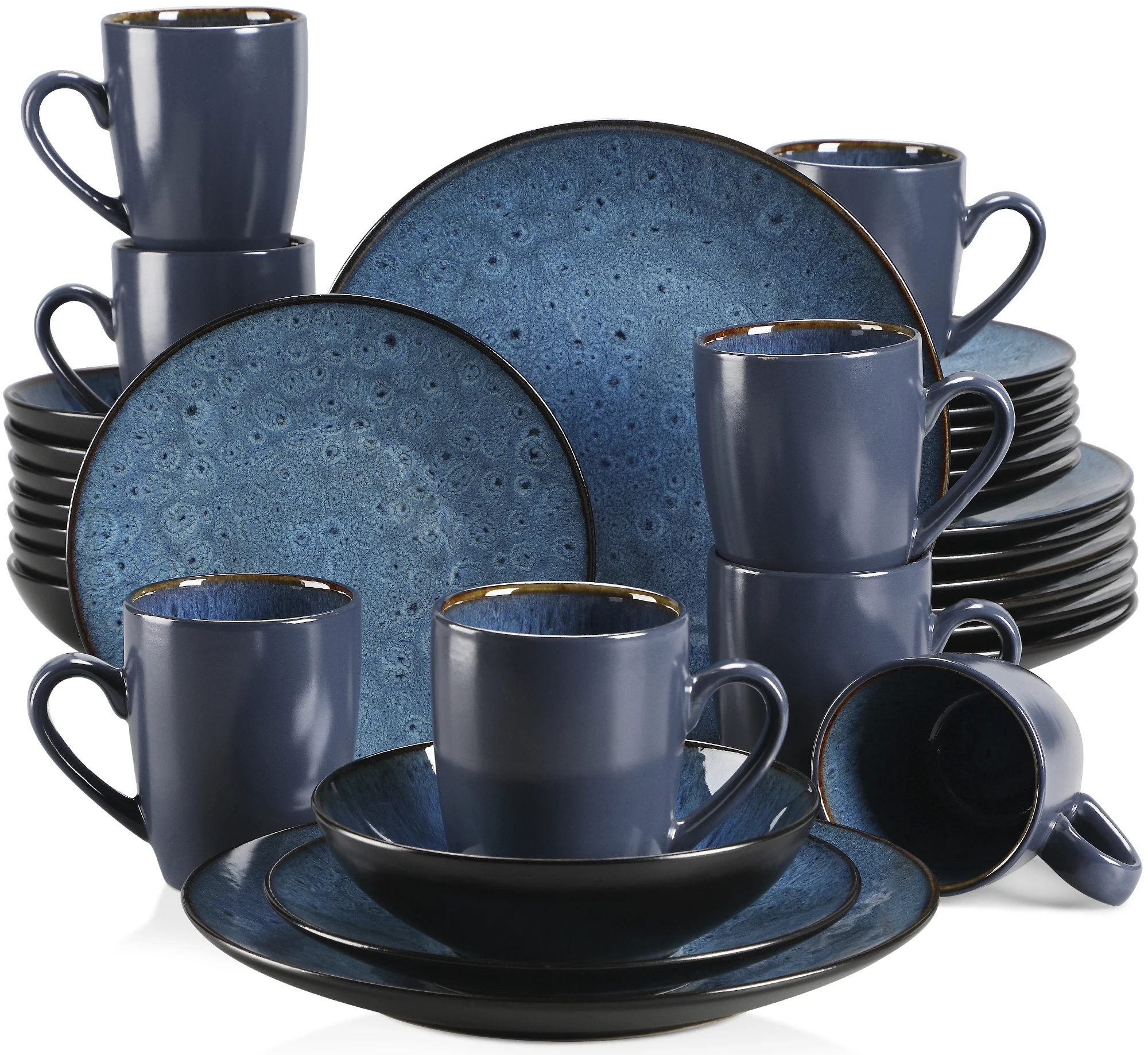 VANCASSO BUBBLE 16/32-delige serviesset vintage keramiek blauw/bruin steengoed set met diner- en dessertbord, kom, koffiekopjes