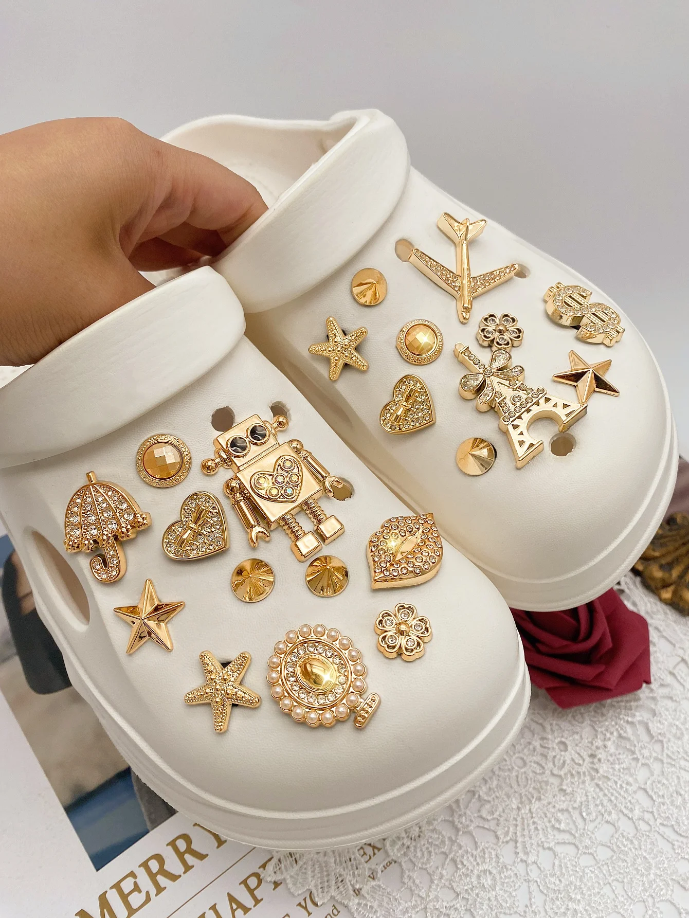 21 قطعة من الروبوت الذهبي، طائرة ماسية نقطية، شفاه، مظلة، قلب، مرآة لؤلؤ ABS، برج فلاش ناعم، نجم البحر، زهرة، فاي #3