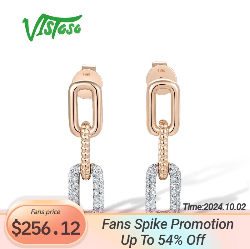 

VISTOSO 14K 585 Rose Gold Stud Earrings For Women Sparkling Genuine Diamonds Dangling Chain Link Geometric Fine Fashion Jewelry