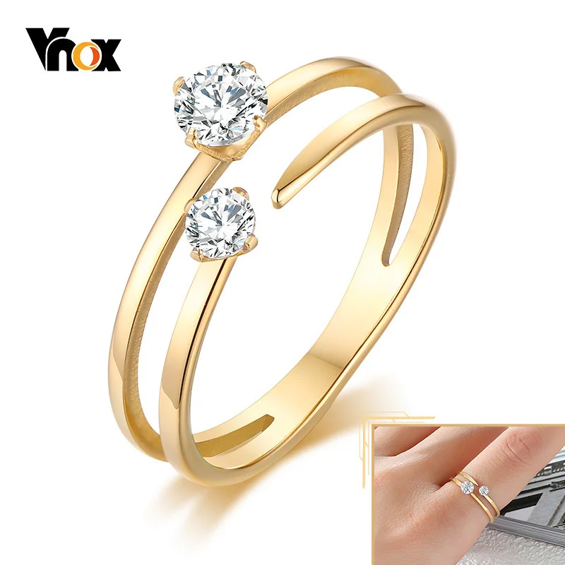 Vnox Delicate Bling Prong Setting CZ Stone Rings for Women Lady Engagement, Gold Color Stainless Steel Bands, Love Gifts for Her
