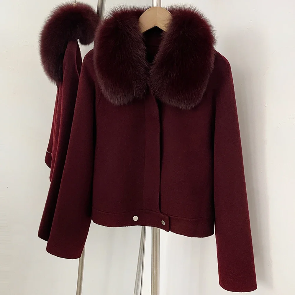 OFTBUY Neue Winter-Oberbekleidung für Damen, Kurze 100% Reine Wolljacke, Übergroßer Echter Fuchspelzkragen, Reißverschluss-Kurzmantel für Damen – Detail 11
