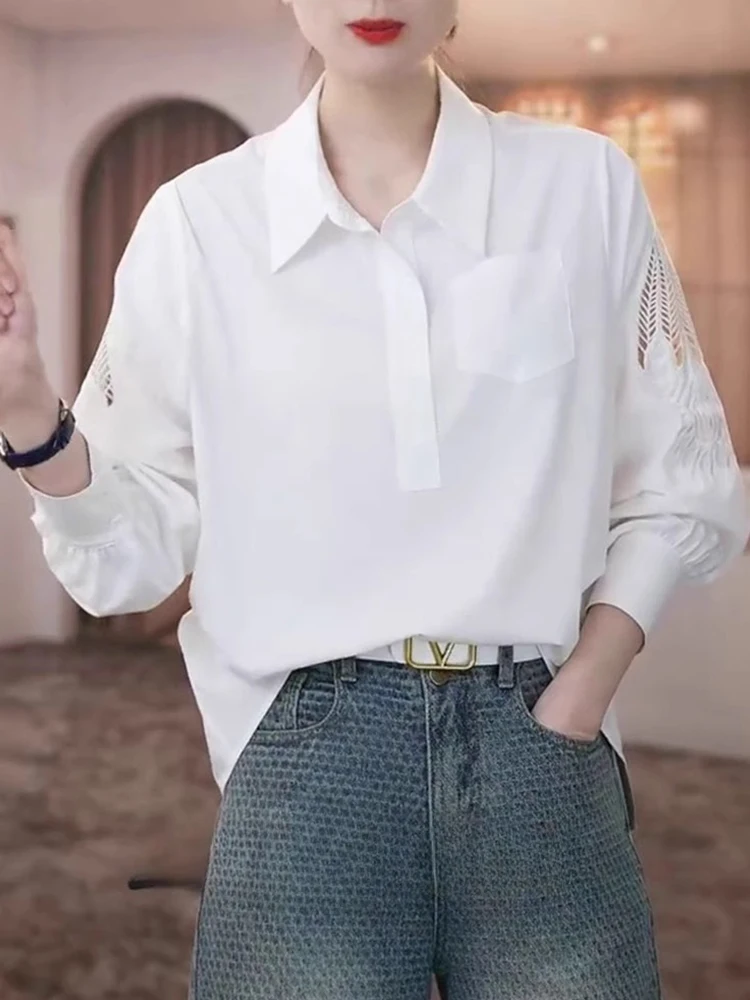 เสื้อไหมพรมปักลายฉลุ แขนยาว สีพื้น สำหรับผู้หญิง ช่วยลดอายุ