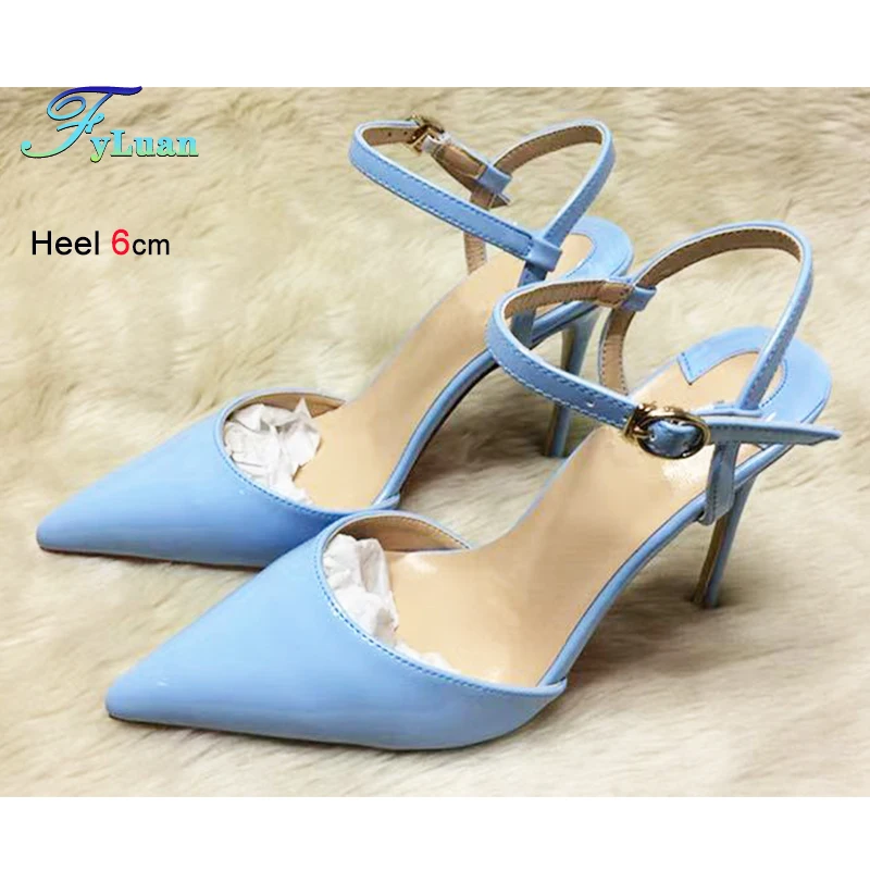 

Синие женские туфли на высоком каблуке 6 см, 8 см, 10 см, 12 см, на шпильке с острым носком, офисная обувь для вечеринок, летние элегантные сандалии с пряжкой и ремешком для женщин