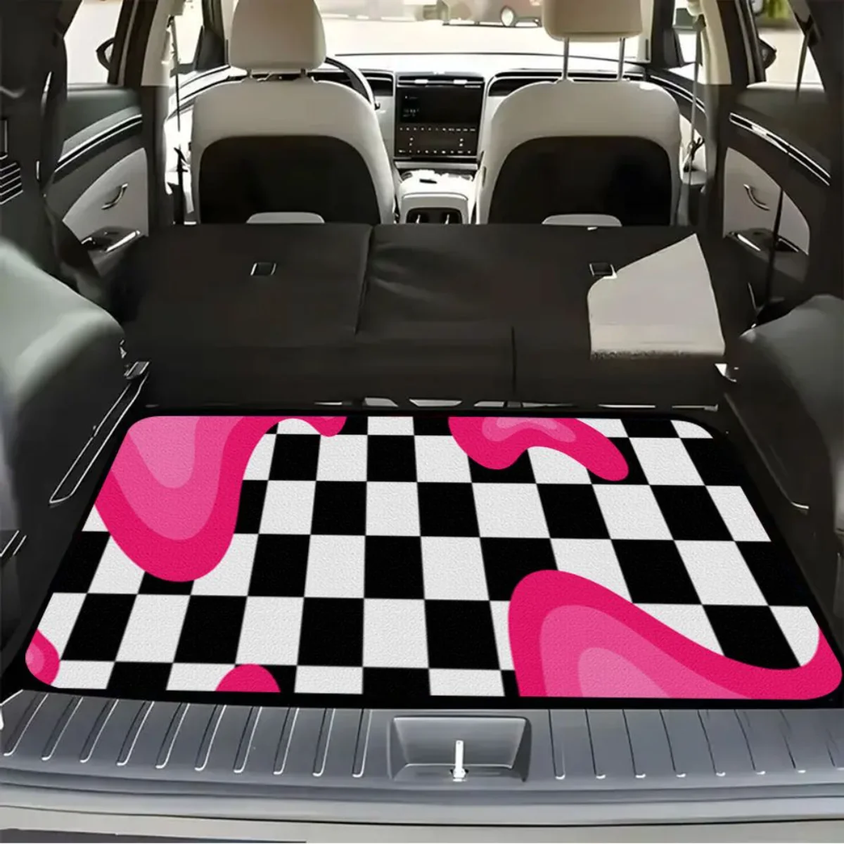 Universal Car Rear Trunk Mat Plaid Pink Liquid Pattern Print Waterproof Anti Slip Cargo Liner For Sedan SUV Interior Protection view 2
