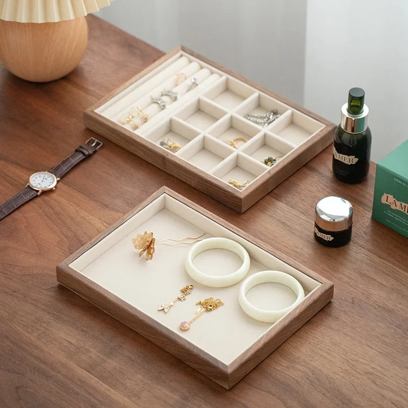 Walnut Jewelry Storage Tray with Velvet Lining Divided Compartments for Rings, Necklaces & Accessories Modular Stackable Design