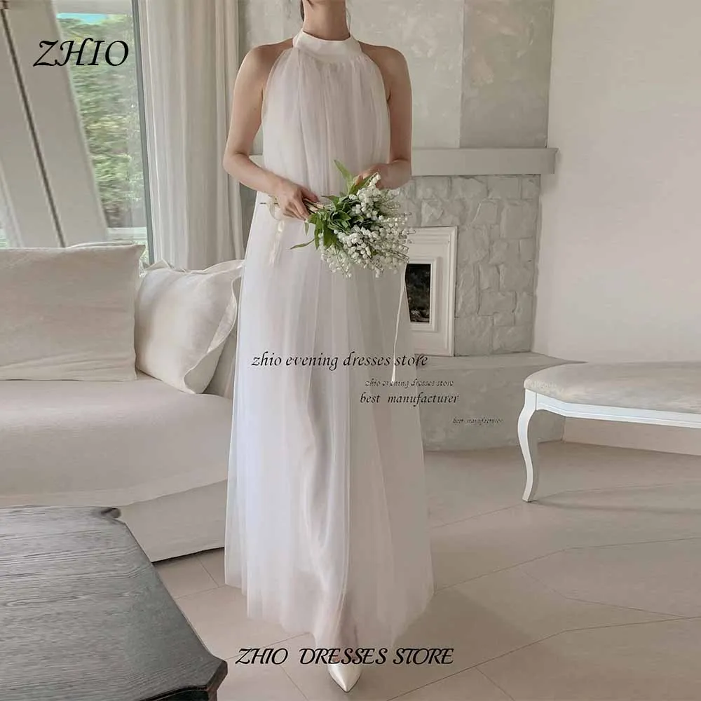 ZHIO White Tulle Fairy A-Line Elegant Korea Wedding Dresses Photo shoot High Neck Straight Bridal Gowns Customized 셀프웨딩