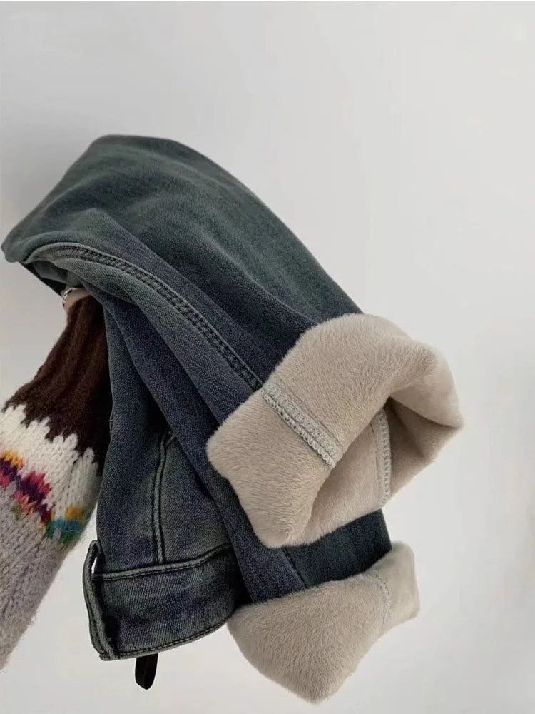 

Синие прямые джинсы с подкладкой в стиле ретро, женские свободные утягивающие широкие брюки с высокой талией, осенние новые большие размеры