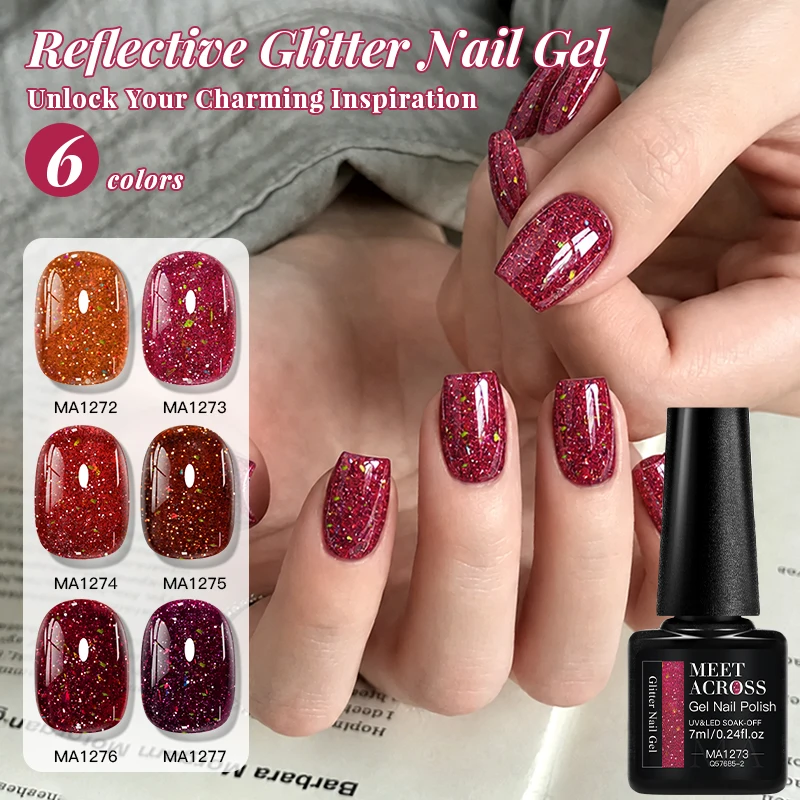 Reflective Glitter Gel Nail Polish Red Sparkling Glitter Dark Flashy Nails Semi Permanent Soak Off UV Gel Varnish Nail Supplies