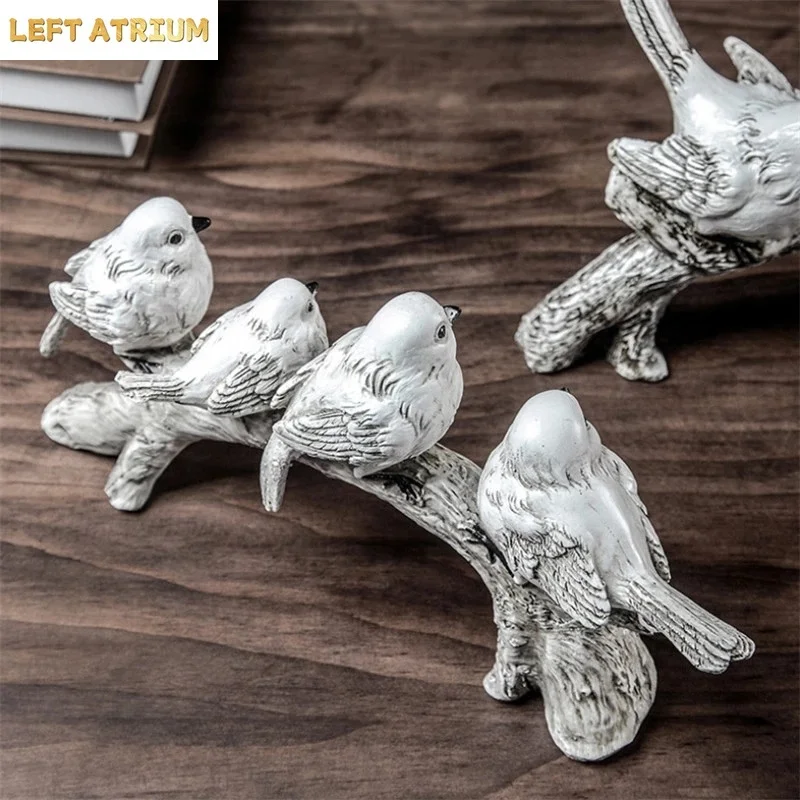 Resin Pastoral Tree Bird Statue Garden Decoration Hand Painted Polyresin Flock Birds Sculpture Home Decor Gift Craft Ornament
