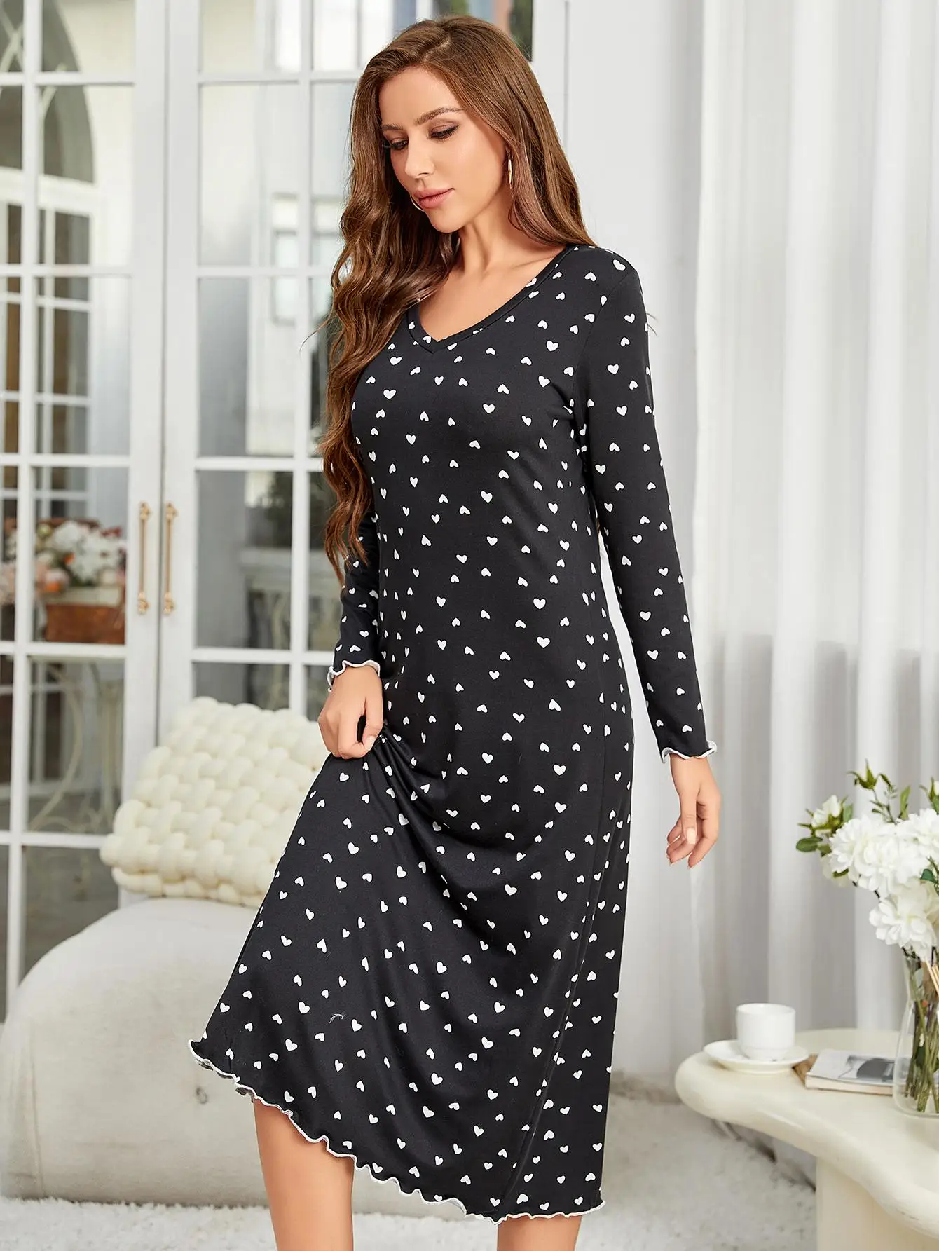 Heart Print Women Nightgown V Neck Long Sleeves Sleepwear Ruffle Hem Fall Female Nightwear Homwear Clothing Pajama Dress