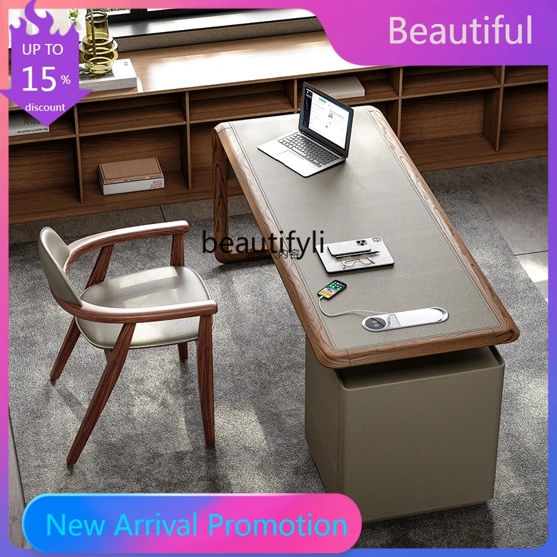 

Vintage Style Saddle Leather Office Desk Italian Minimalist with Side Cabinet Computer Desk Solid Wood Creative Desk Chair G1218