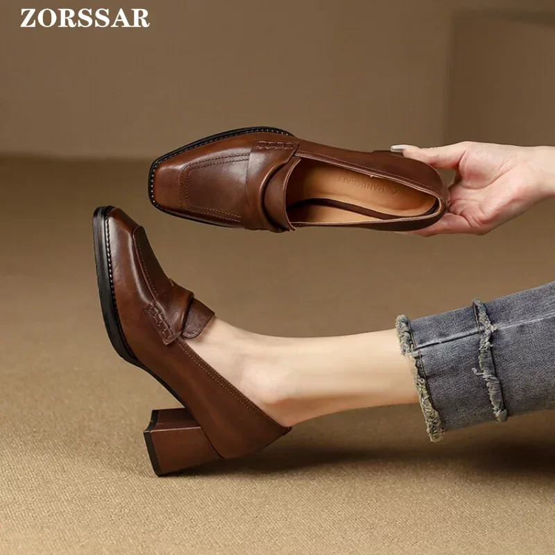 2024 Spring Women Loafers Leather High Heel Pumps Retro Slip On High Heels Office Ladies Shoes Elegant Chunky Heels Single Shoes