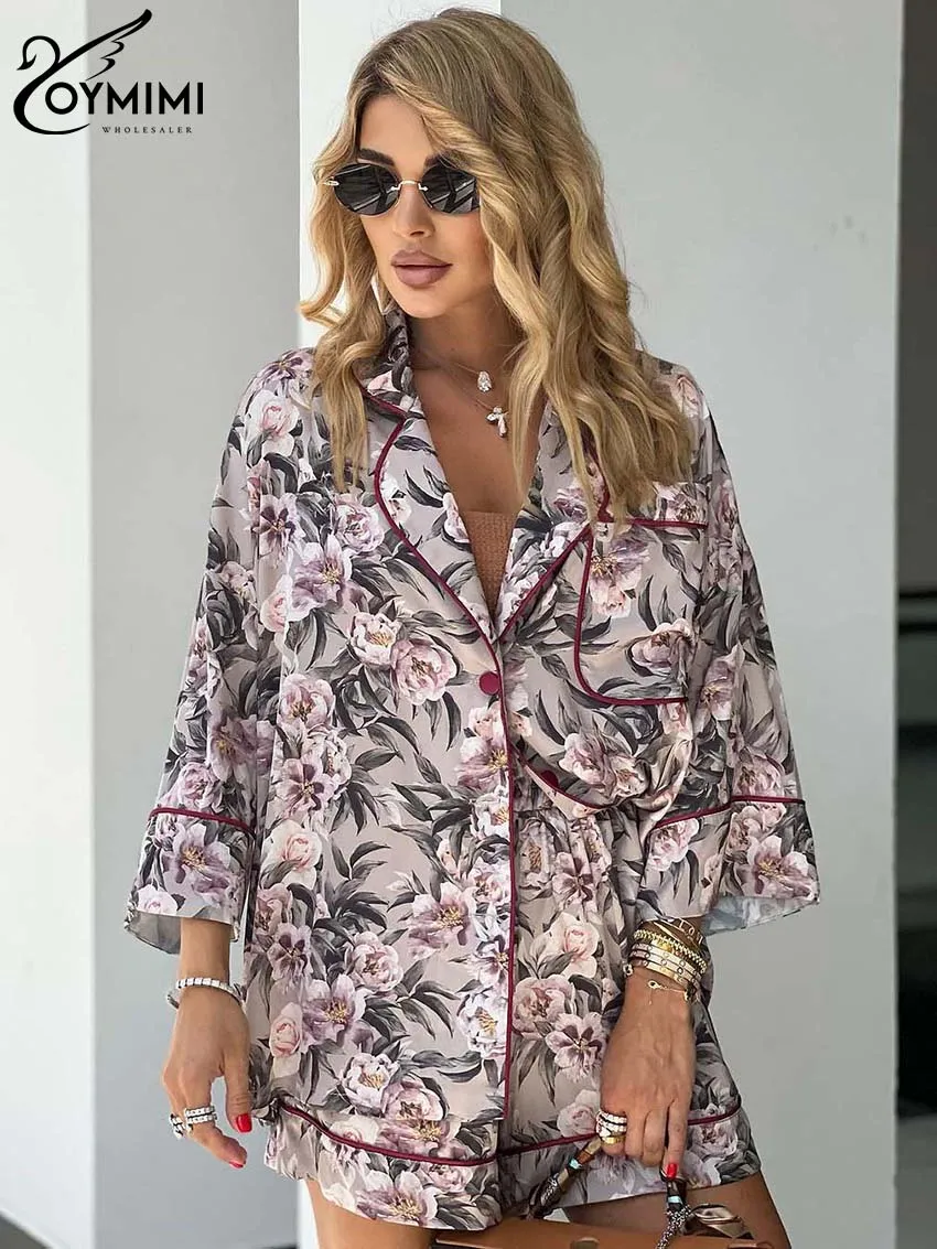 

Oymimi Casual Grey Print Sets Womens 2 Piece Elegant Lapel Three Quarter Sleeve Pockets Button Shirts And High Waist Shorts Sets