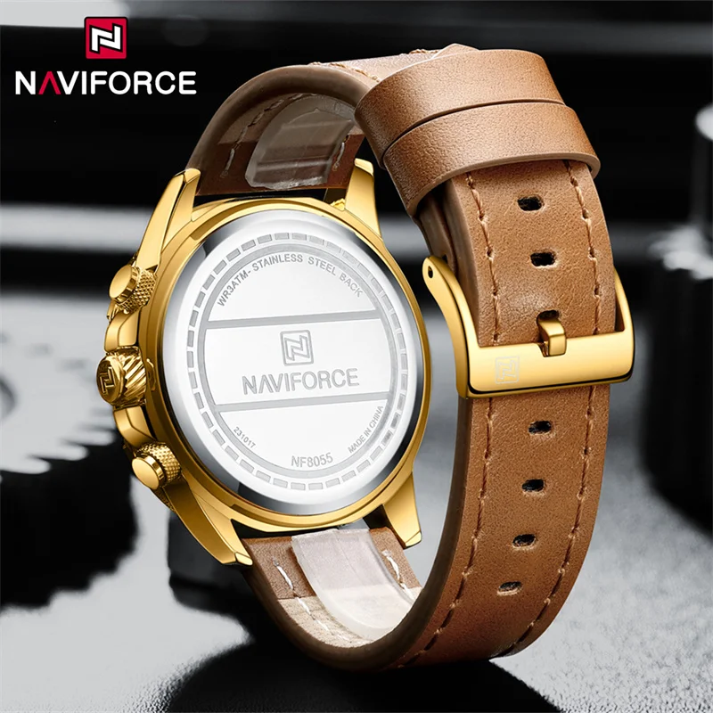 NAVIFORCE New Men\'s Sport Quartz Watch Leather Strap Waterproof Luminous Male Luxury Chronograph Wristwatches Relogio Masculino