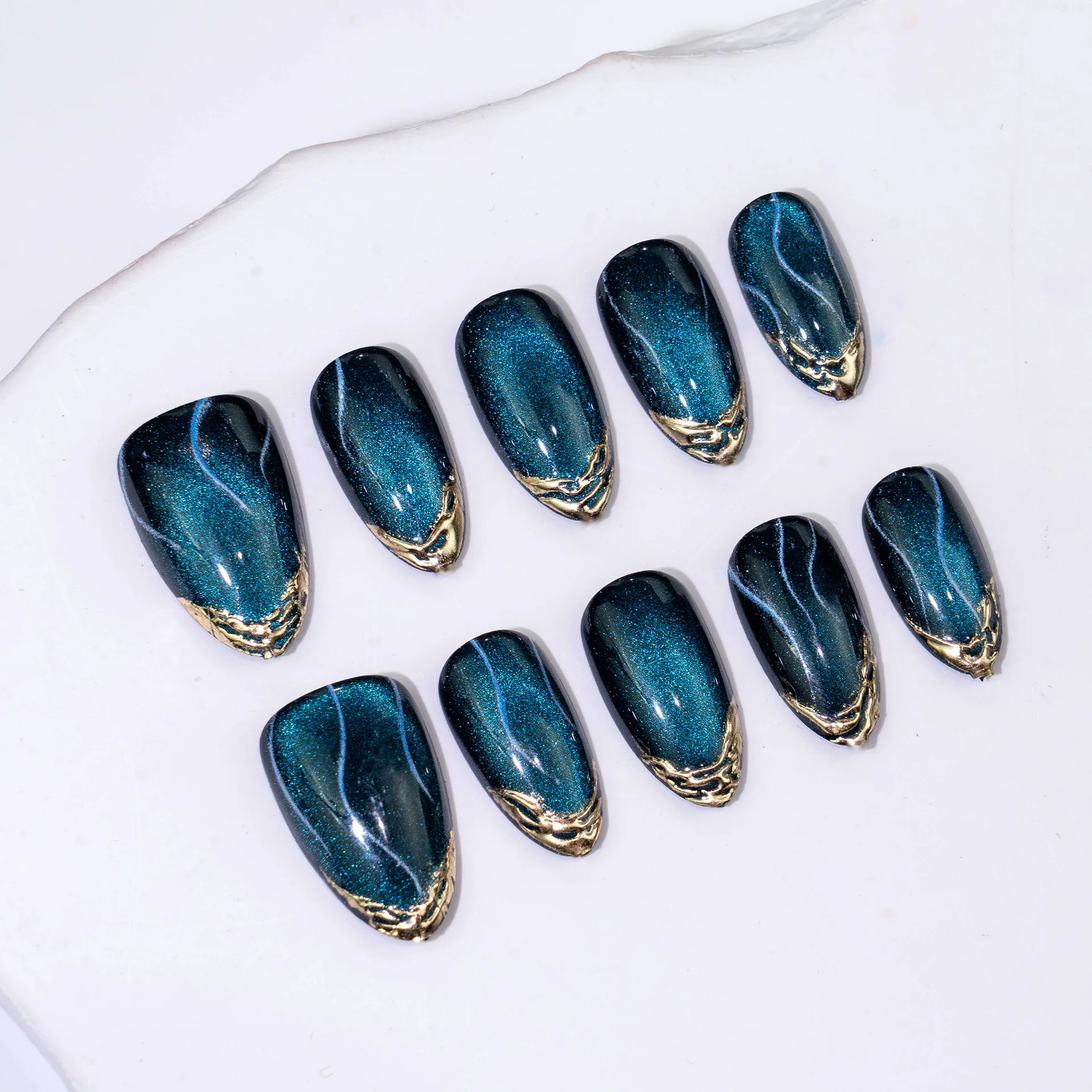 Viral Premium Starry Blue Cat Eye Almond Press On Nails Exquisite Gold Foil French Finished False Nail Tips