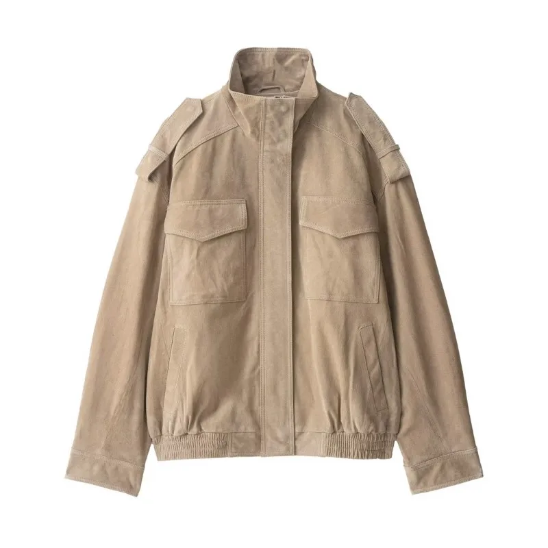 

Women Suede Leather Jacket Autumn Fashion High Collar Short Jacket With Shoulder Tabs Pocket Causal Female Chic Jacket