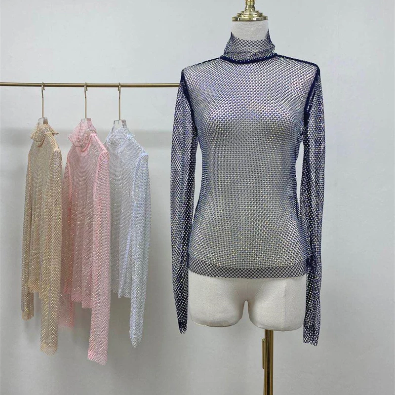 Damen Strass-Mesh-Rollkragen-Top, Durchsichtiges Netzshirt, Glitzerndes Transparentes Unterhemd, Eng Anliegend, für Party, Nachtclub, Festival, Clubwear – Detail 1