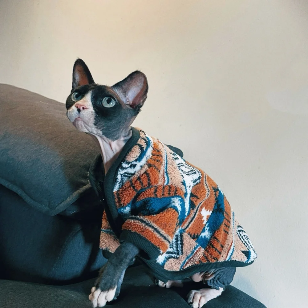 Zip-up Jacket Vintage Christmas Sweater Jacket for Hairless Cat Winter Warm Fleece Coat for Sphynx Cat Devon Rex  Soft Pajamas