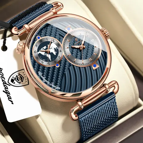 POEDAGAR Original Fashion Man Wristwatch Multiple Time Zone Display Waterproof Calendar Men Watch Mesh Stainless Steel Quartz Business Men's Watches Reloj