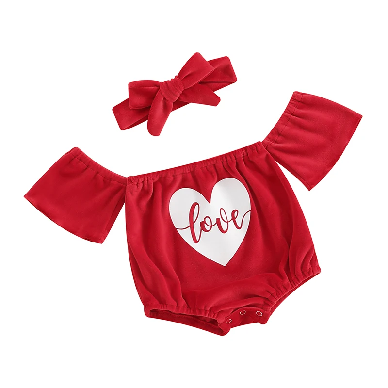 Valentine Baby Girl Outfit Heart Print Ribbed Ruffles Long Sleeve Newborn Valentines day Romper Dress  Headband Clothes