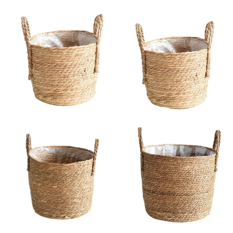 Straw Weaving Plant Pots Container Hand Woven Plant Pots Cover Leakproof Garden Pots Container for Indoor Outdoor