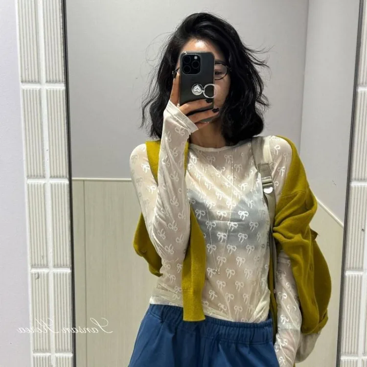 Vintage See Through T Shirt Women White Y2k Fairycore Mesh Tops Streetwear Bow Korean Style Crop Summer Spring