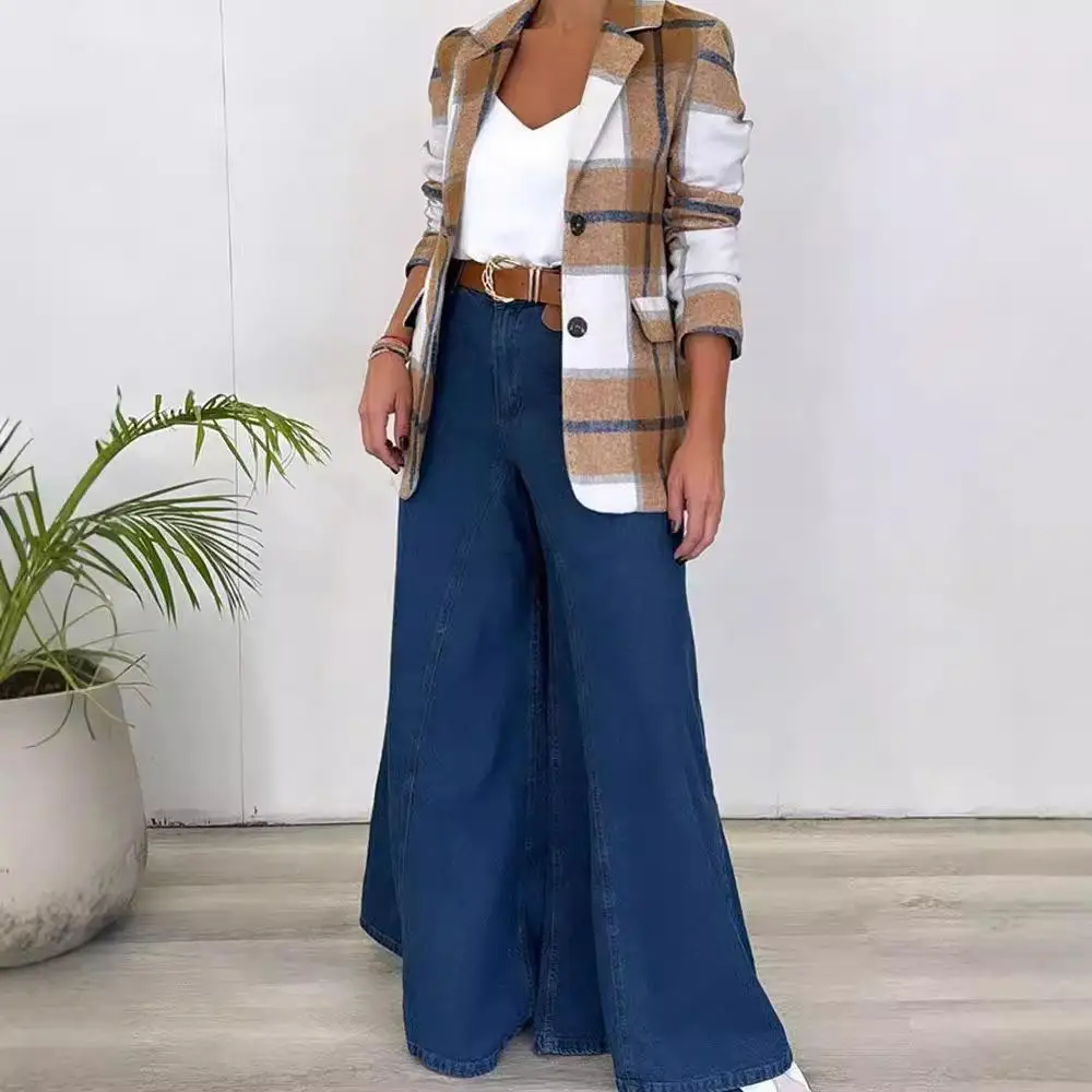 패셔너블 캐주얼 울 체크 코트 싱글 버튼 수트 칼라 여성용 가을 겨울 아우터웨어 폴리에스터 섬유 슬림 핏