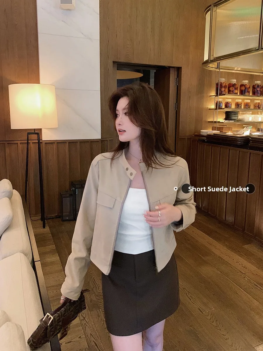 Ms.Daoge Sassy Sle ort Pelle scamosciata Jaet Cappotto da donna in pelle Cool Faion Briti Sle Taglio dritto Colore puro Polieste...