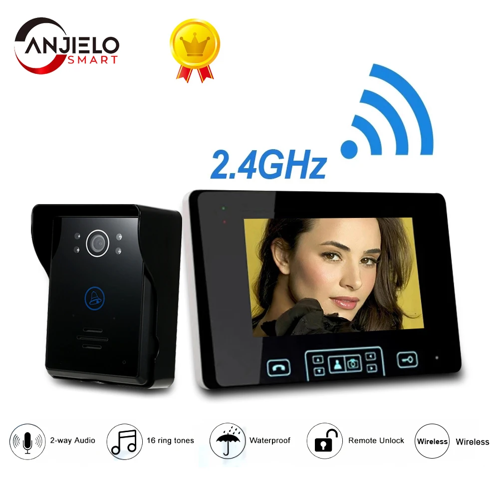 Home 2.4GHz Wireless 7\'\'Touch Key Screen Video Door Phone Intercom Access Control System Doorbell Built-in Battery Night Vision