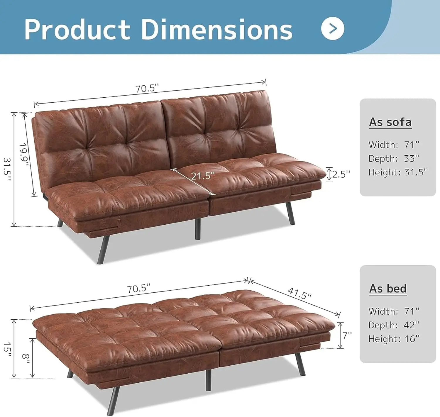 Wood-It Futon Sofa Bed, Memory Foam Foldable Couch Convertible Loveseat Sleeper Daybed With Adjustable Armrests For Small