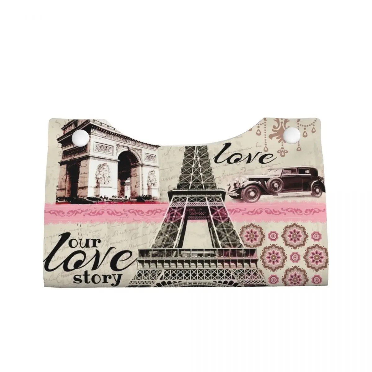 Custom Vintage France Paris Eiffel Tower Tissue Box Cover PU Leather Rectangular Flower Pink Facial Tissues Holder for Car