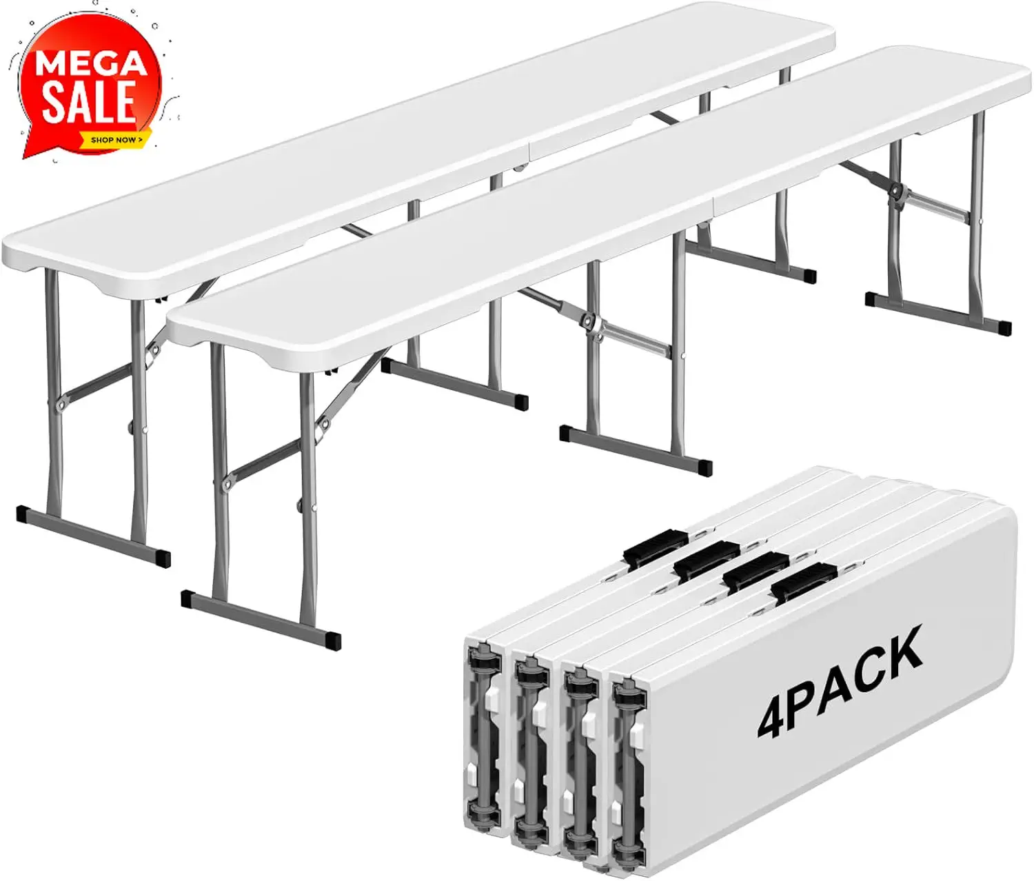 4 Pack 6ft Folding Bench, Plastic Folding Bench for Picnic Camping Dining Party Garden, 6 feet Foldable Benches for Soccer Multi