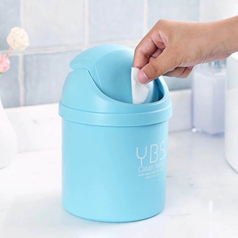 Desktop Mini Plastic Waste Garbage Can with Lid, Stylish Countertop Trash Bin Table Waste Paper Basket Round Small Trash