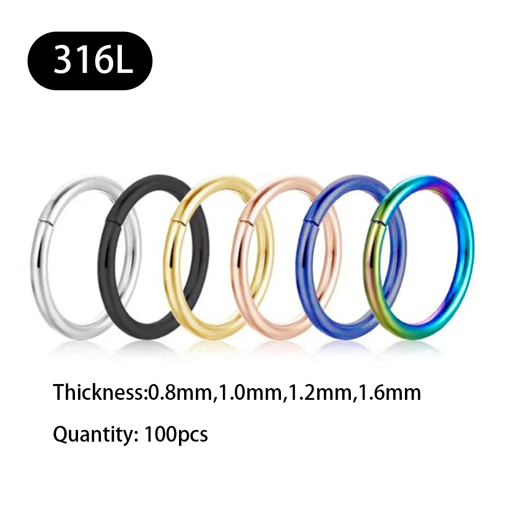 100PCS 316L Nose Rings Mixed Color Body Clips Hoop For Women Men Cartilage Piercing Jewelry Segment Lip Ear L Ring Hoop