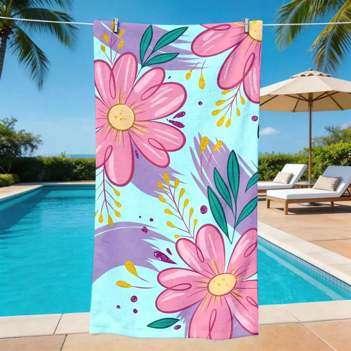 Pastel Pink Large Floral Leaf Print Super Absorbent Large Beach Towel Soft Summer Pool Outdoor Travel Bath Blanket