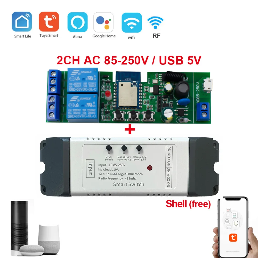 10A Wifi Smart Switch Smart Home Light Switches Module 2 Way Control Work with Tuya Smart Life Alexa Google Home Switch