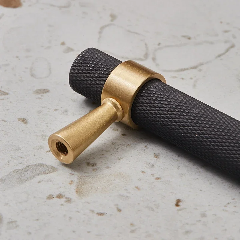 Tinyhob Black Knurled/Textured Kitchen Handles Drawer Pulls Bedroom Knobs Solid Brass T Bar Cabinet Hardware Decorative Knob