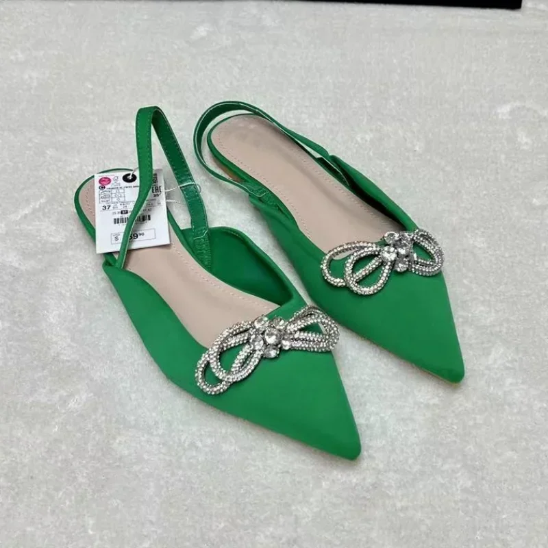 Flat Sandals for Women 2023 Summer Fashion Rhinestone Bow Chain Comfortable Flock Ladies Shoes Casual Close Toe Chaussure Femme