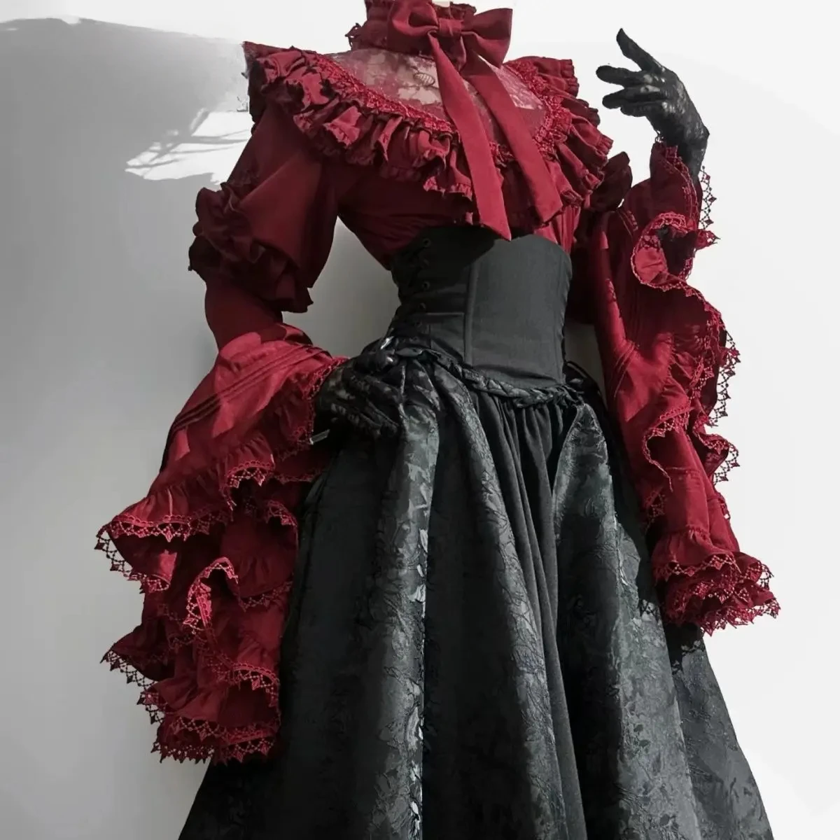 

Gothic Shirt Y2k Top Lolita Girls Ruffle Umbrella Skirt High Waist Oversized Long Skirt Horn Long Sleeve Student Elegant Blouse