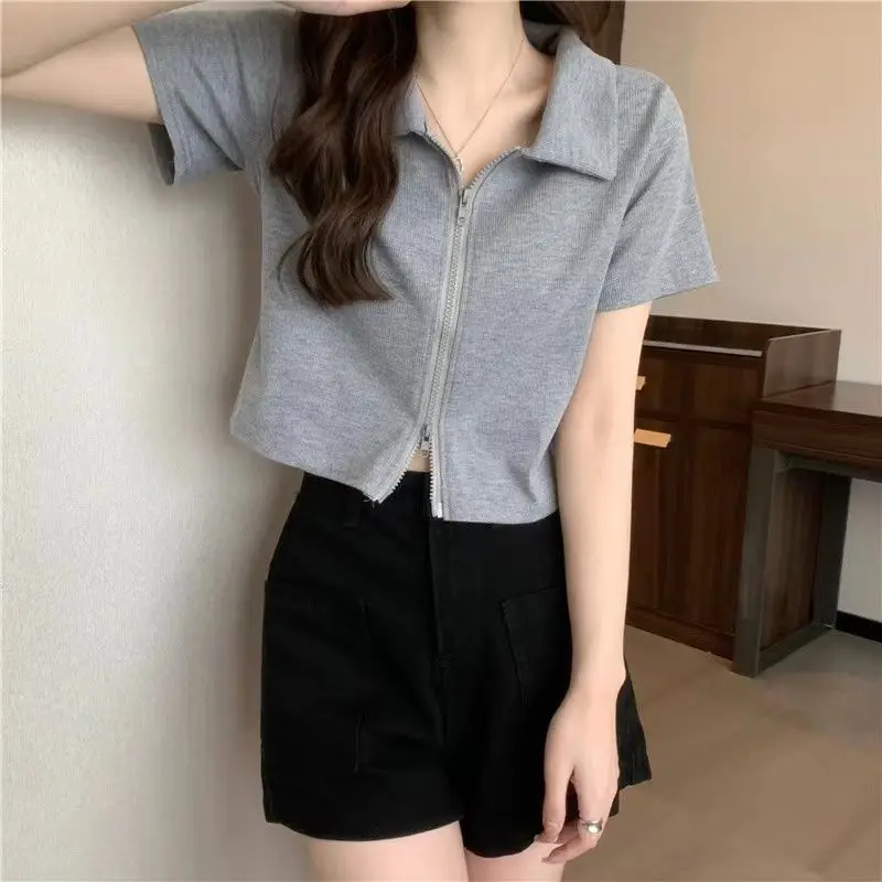 

Американская женская футболка-поло с коротким рукавом, летний дизайн, с двойной молнией, облегающий укороченный топ YY90