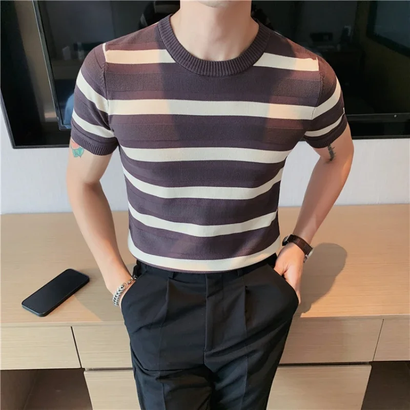 Boutique Fashion Men's Gentleman Casual Round Neck Pullover T-shirt Korean Version Breathable Striped Bottoming Shirt T-shirt