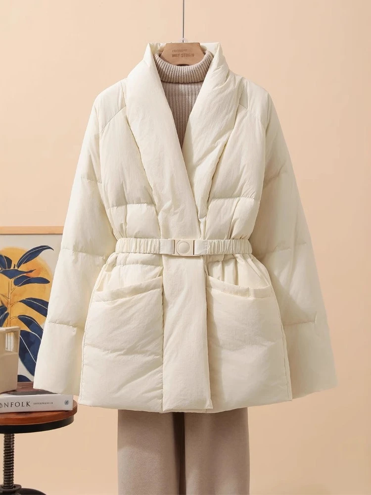 Women White Duck Down Jacket Casual Loose V-Neck With Belt Slim Mid-Length Parkas Fashion Winter Outwear Puffer Coat 2025 New