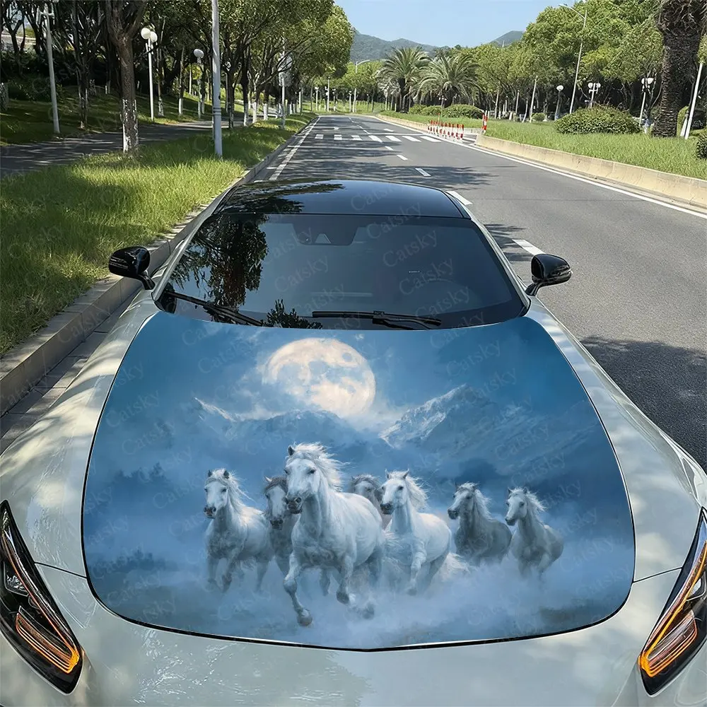 Moonlight White Horse Group Car Hood Decal Sticker, Durable Car Vinyl Wraps Suitable For Most Vehicles, Car Engine Hood Protecti