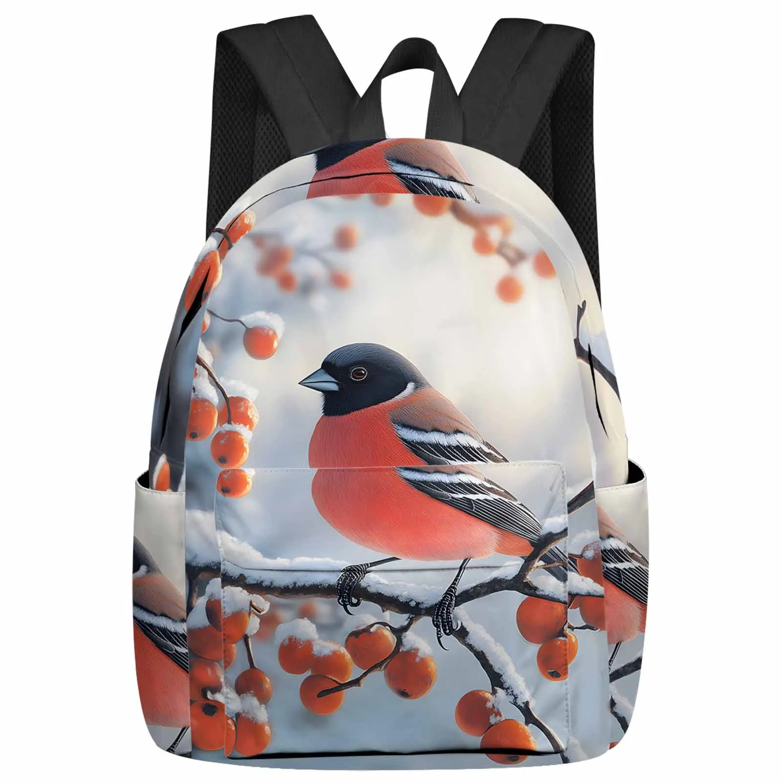 Winter Bird Red Fruit Snow Backpack Teenagers Student School Bags Laptop Custom Backpack for Men Women Travel Bag