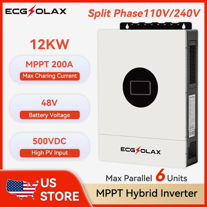 ECGSOLAX 12KW Hybrid Solar Inverter 48V 110V/240V Split Phase Pure Sine Wave Inverter With MPPT 200A Charging controller PV 500V
