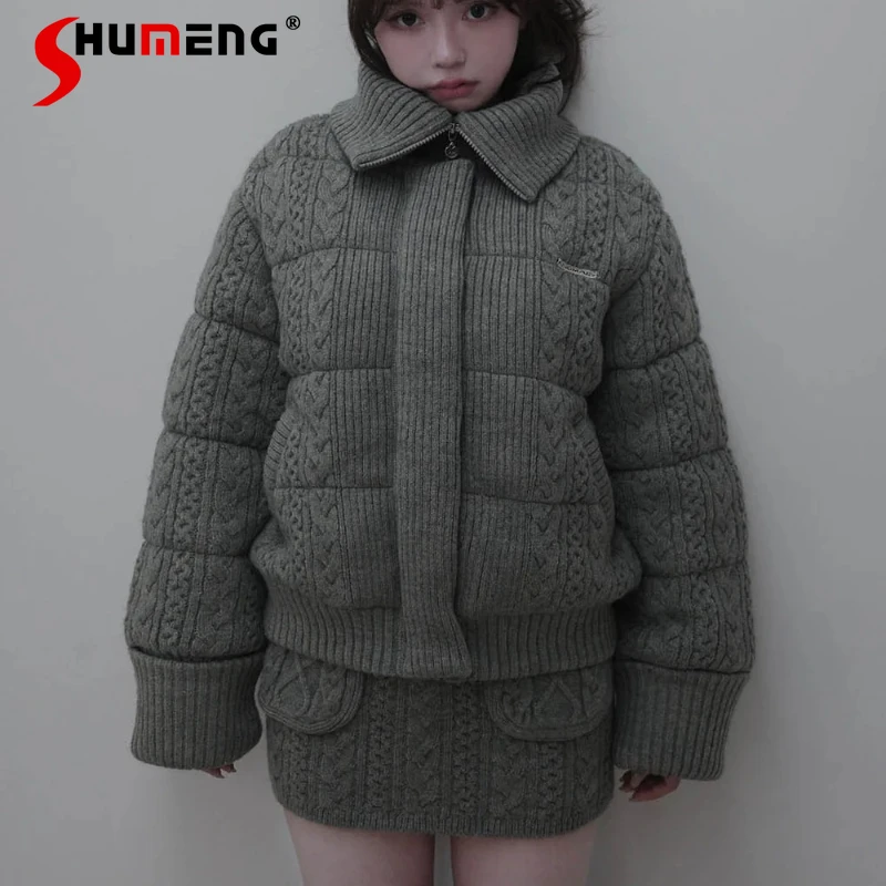 

Japanese Autumn Winter New Knitted Sweater Patchwork Short Top Jacket Versatile Ladies Y2k Zipper Long-sleeves Coat Cardigan