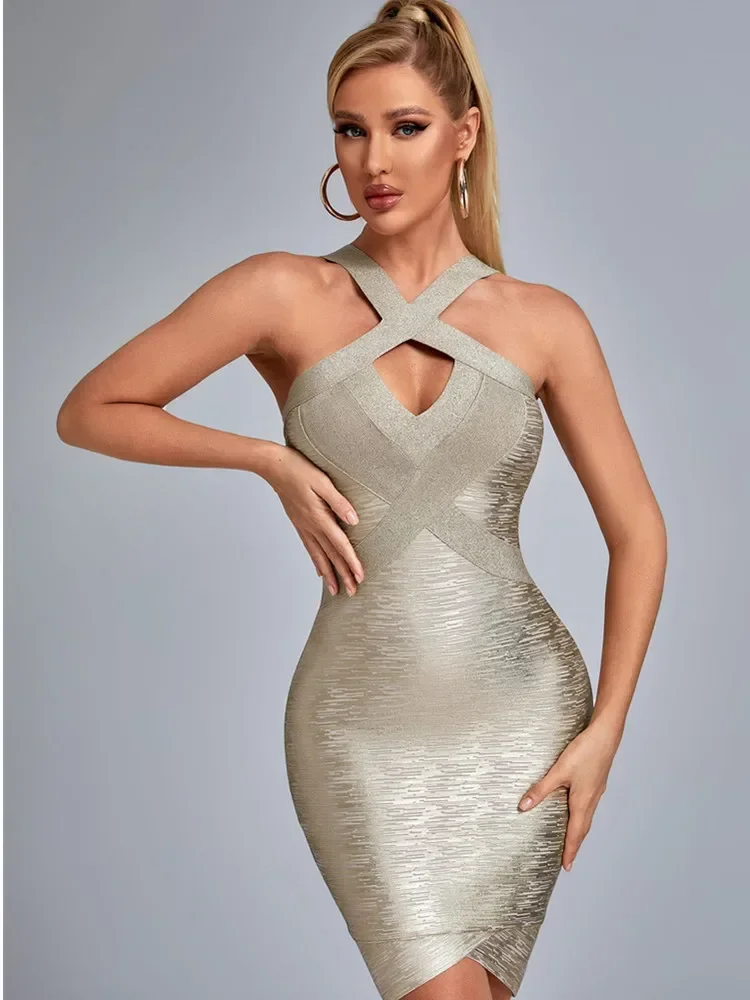 2024 New Foil Color Women Sexy Halter Off the Shoulder Bodycon Mini Dress Elegant Evening Party Dress Girls' Birthday Party Wear